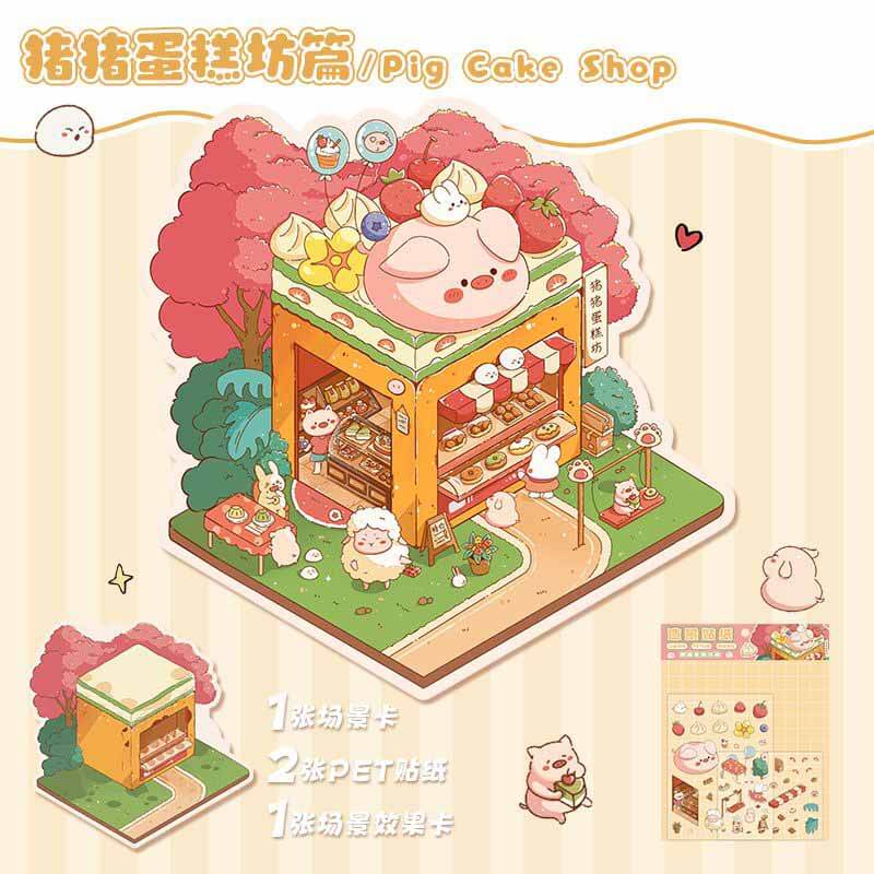 Cozy Animal Town DIY 3D Scene Stickers 4 Cute Miniature Scenes(S)