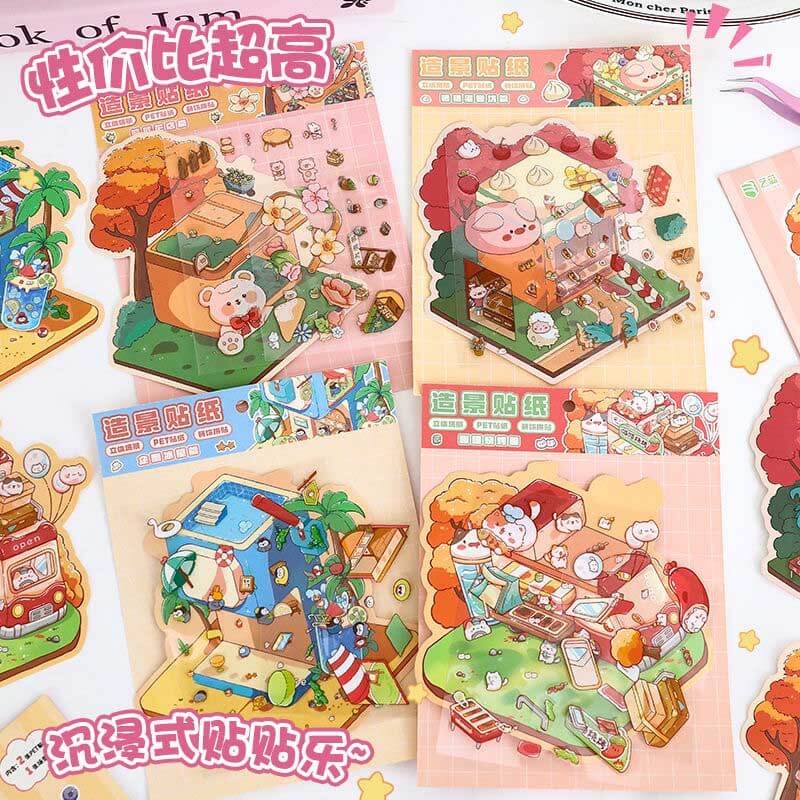 Cozy Animal Town DIY 3D Scene Stickers 4 Cute Miniature Scenes(S)