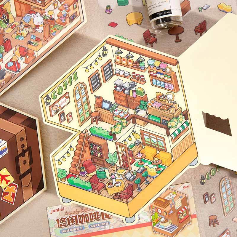 Cozy Retro Life DIY 3D Scene Stickers 4 Cute Miniature Scenes Sticker (S)