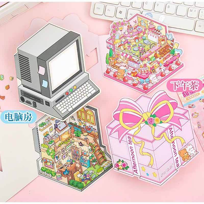 Cozy Retro Life DIY 3D Scene Stickers 4 Cute Miniature Scenes Sticker (S)