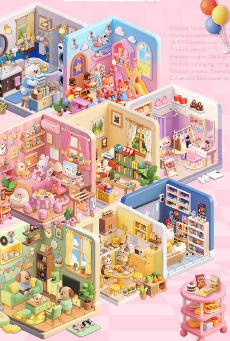 Cute Bunny (Set of 8) DIY 3D Scene Stickers 2 Cute Scenes Book (S)