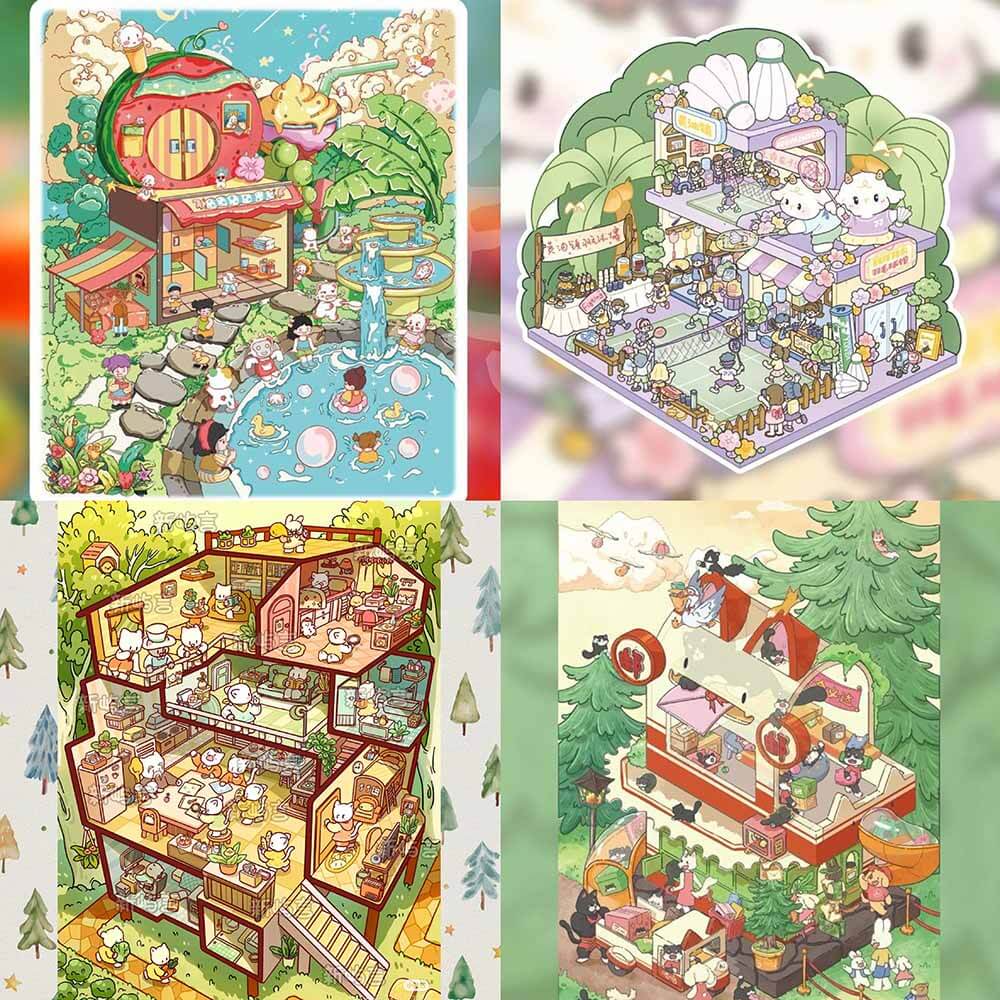 Autocollants 3D DIY Détective Villa : 4 scènes miniatures mignonnes