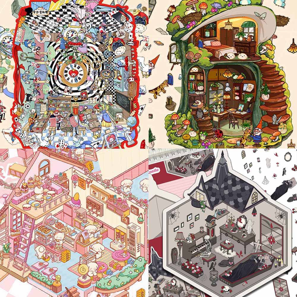 Enchanted Fantasy Realms DIY 3D Scene Stickers 4 Cute Miniature Scenes(S)