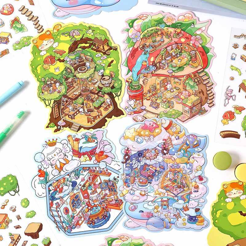 Fantasy Post Town DIY 3D Scene Stickers 4 Cute Miniature Scenes(S)