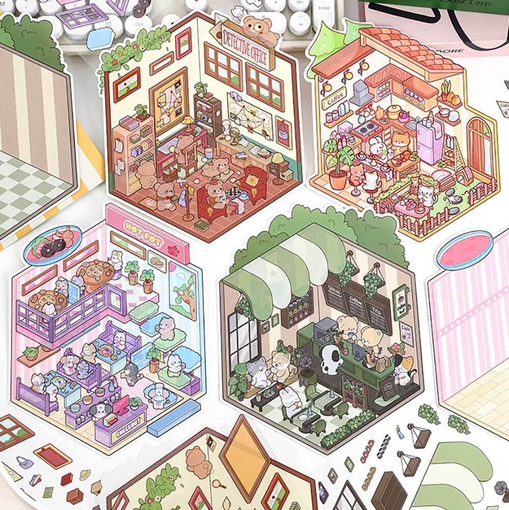 Furry Friends’ Town DIY 3D Scene Stickers 4 Cute Miniature Scenes(M)