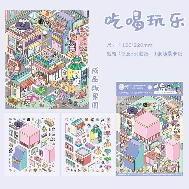 Happy Town Life DIY 3D Scene Stickers 4 Cute Miniature Scenes (M)