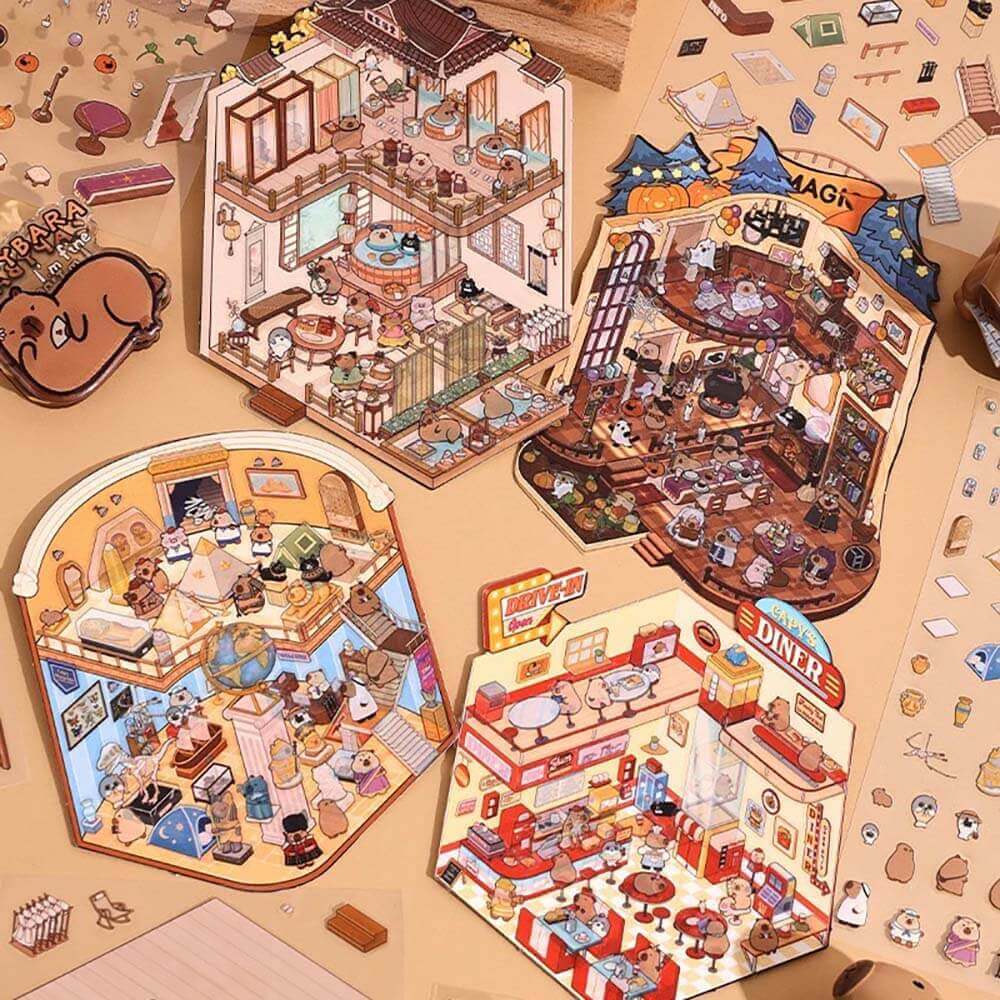 Capybara World DIY 3D Scene Stickers - 4 Cute Miniature Scenes