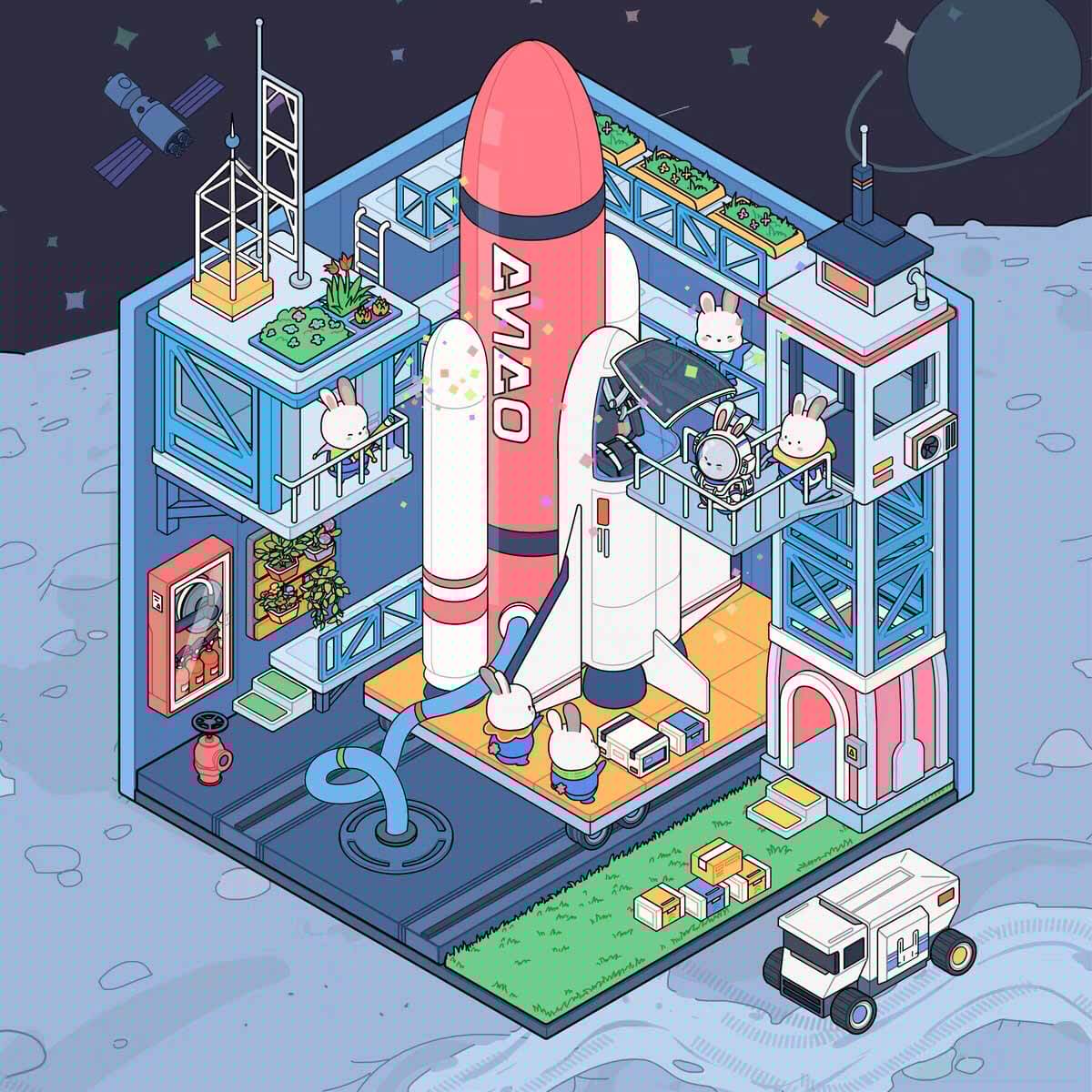 Space Station Collection Scene Stickers - 4 Cute Miniature Scenes