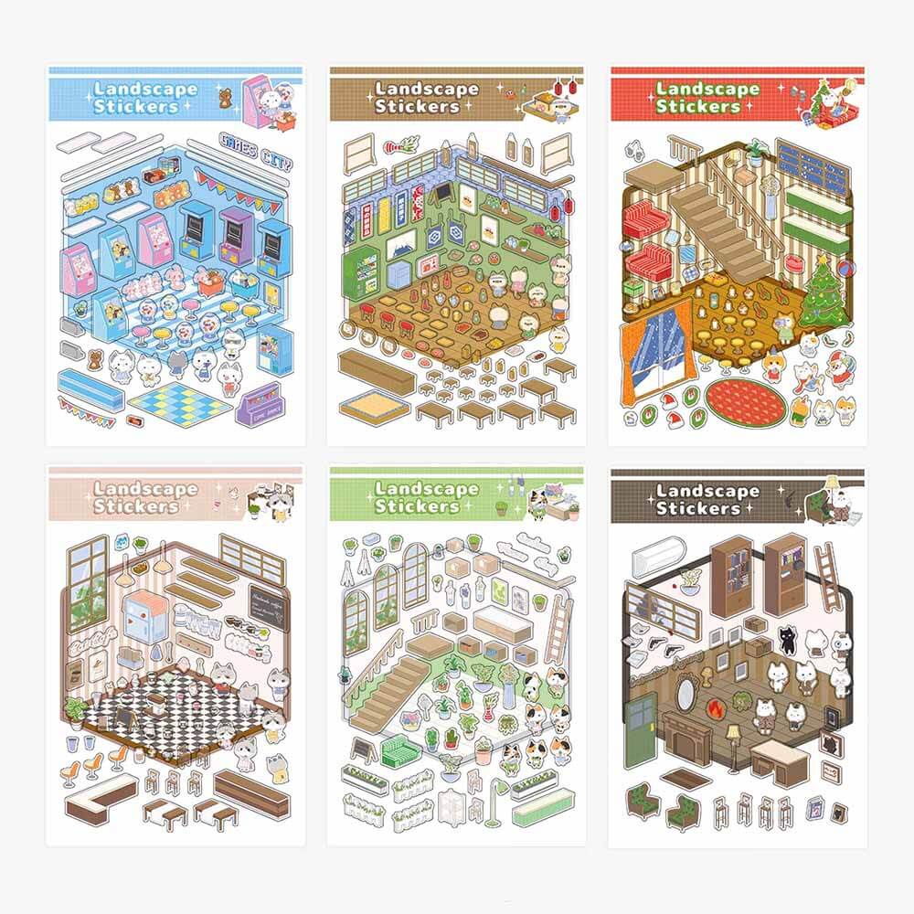 Kitten Life DIY 3D Scene Stickers 6 Cute Miniature Scenes(S)