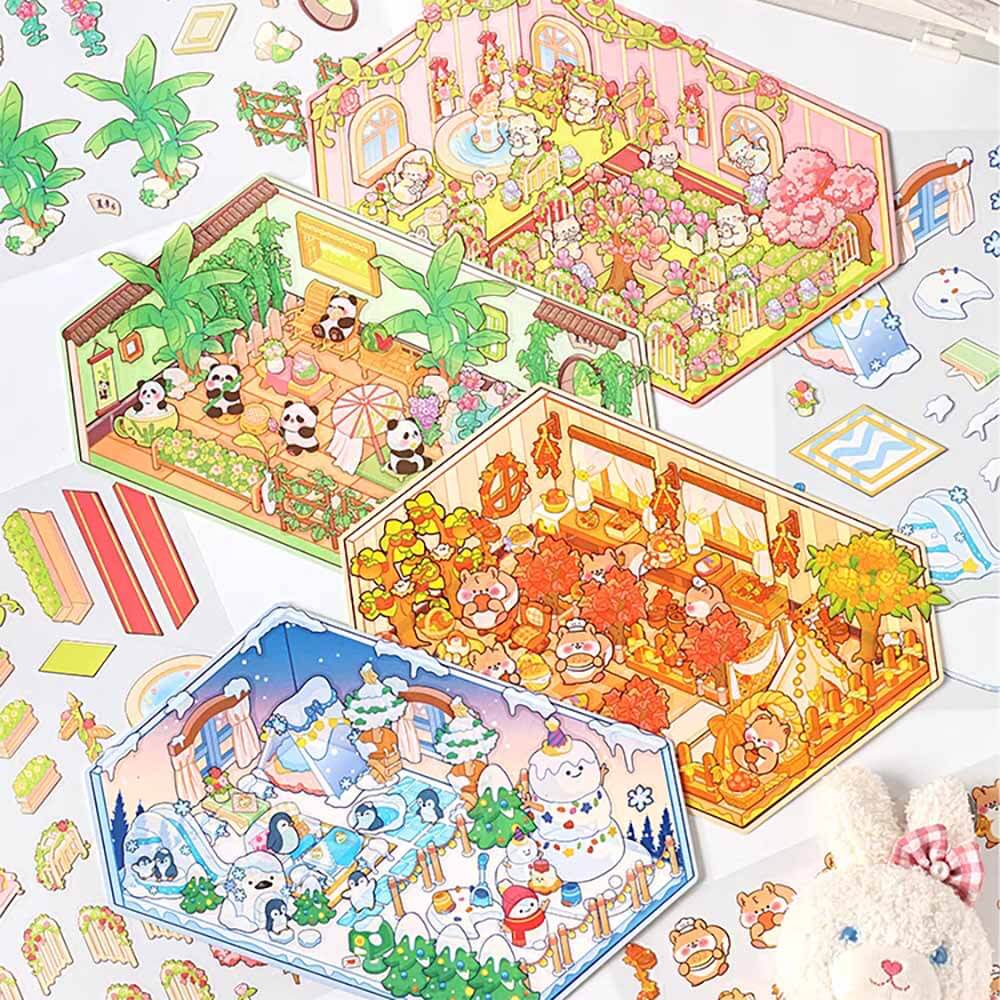 Collection d'autocollants 3D DIY Fantasy Seasons : 4 scènes miniatures mignonnes