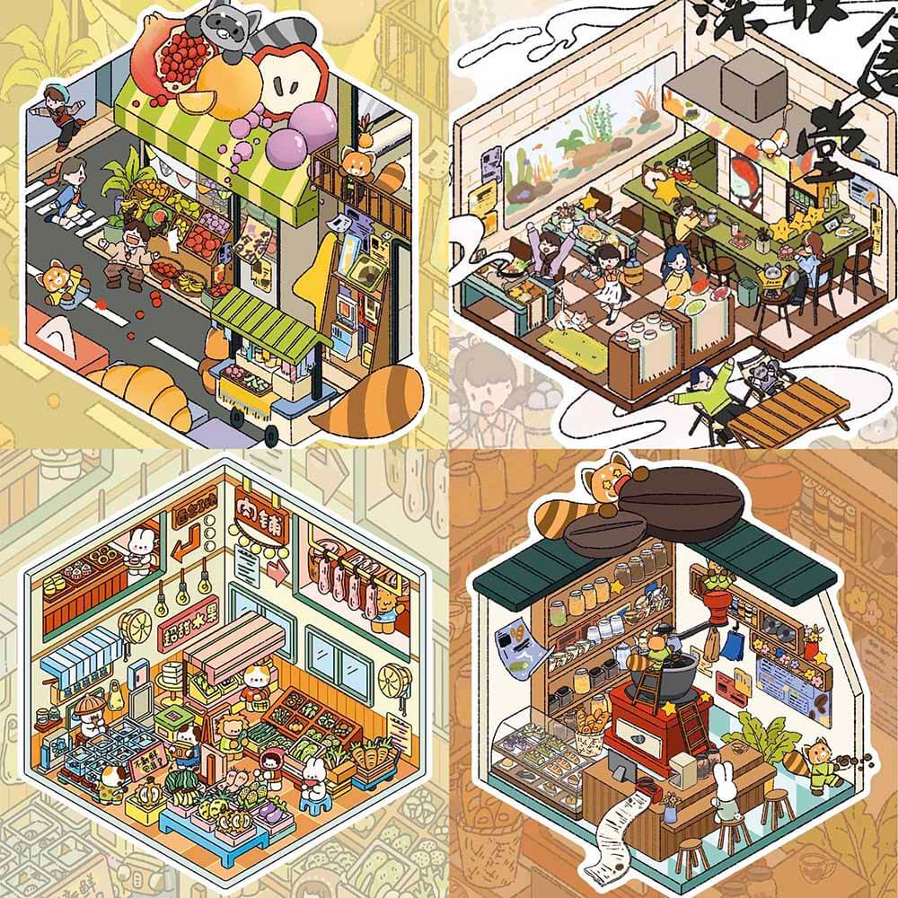 Market Mornings DIY 3D Scene Stickers 4 Cute Miniature Scenes(S)