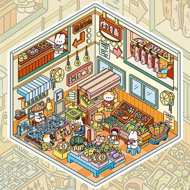 Market Mornings DIY 3D Scene Stickers 4 Cute Miniature Scenes(S)