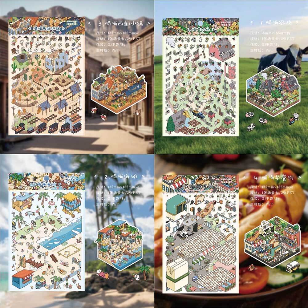 Cat City DIY 3D Scene Stickers - 4 Cute Miniature Scenes