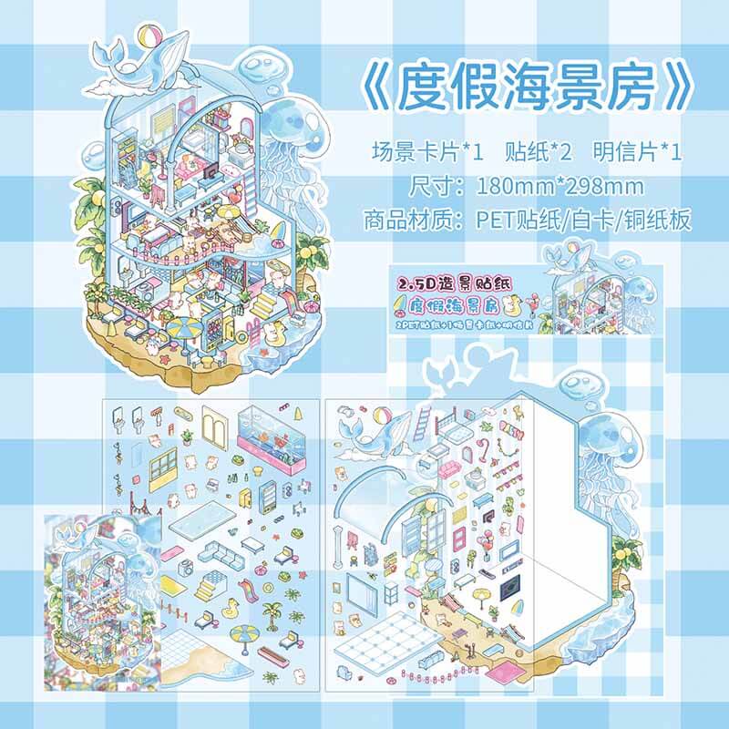 Mystery Vacation DIY 3D Scene Stickers 4 Cute Miniature Scenes(M&L)