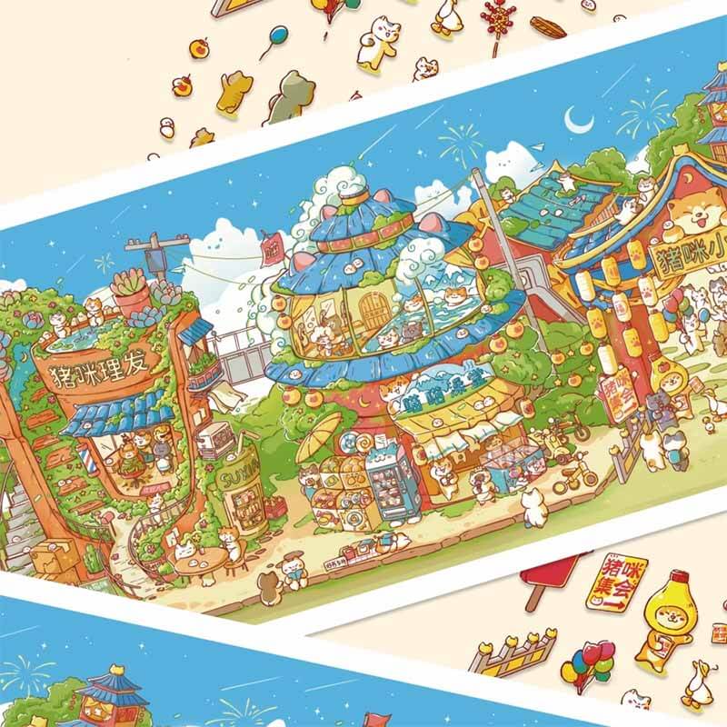 Piggy Cat Street (100cm Version) DIY 3D Scene Stickers Miniature Scenes(XL)