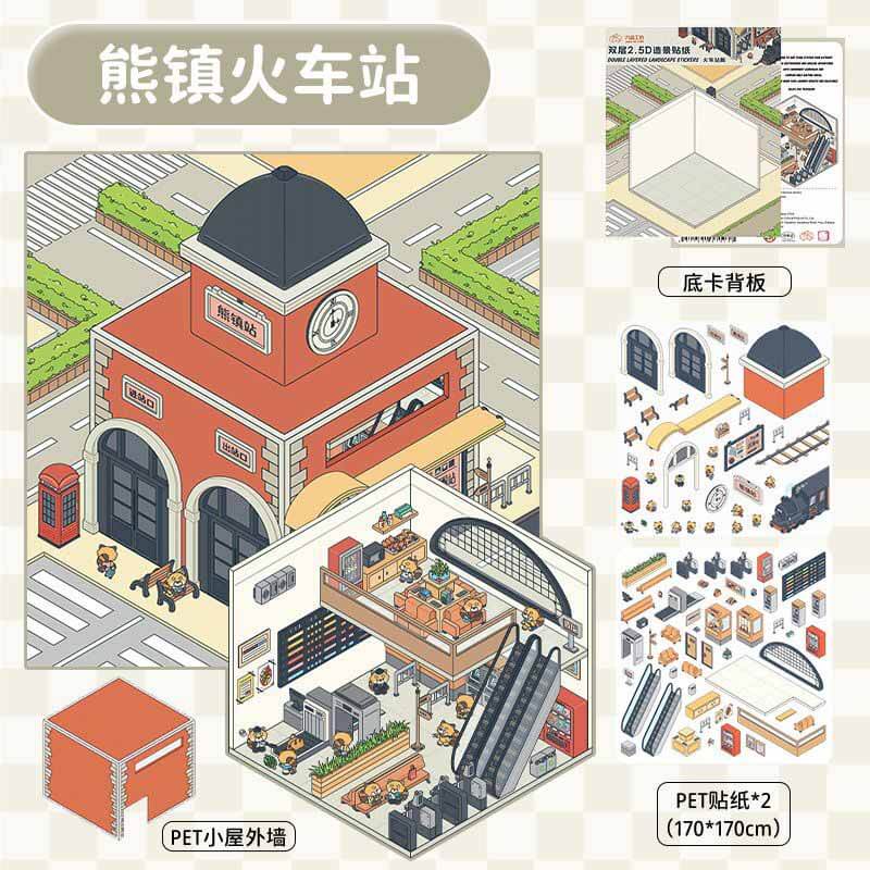 Raccoon Town DIY 3D Scene Stickers 4 Cute Miniature Scenes