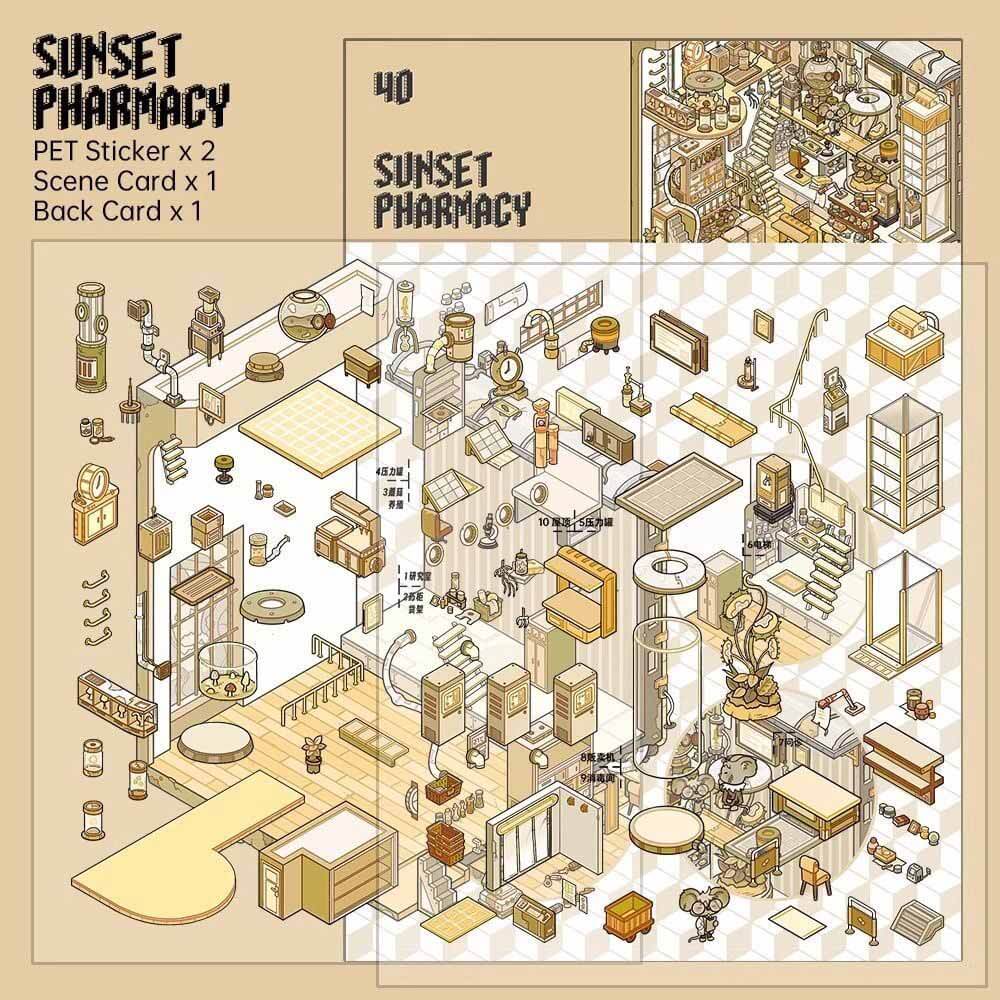 Retro Future DIY 3D Scene Stickers 4 Cute Miniature Scenes(S)