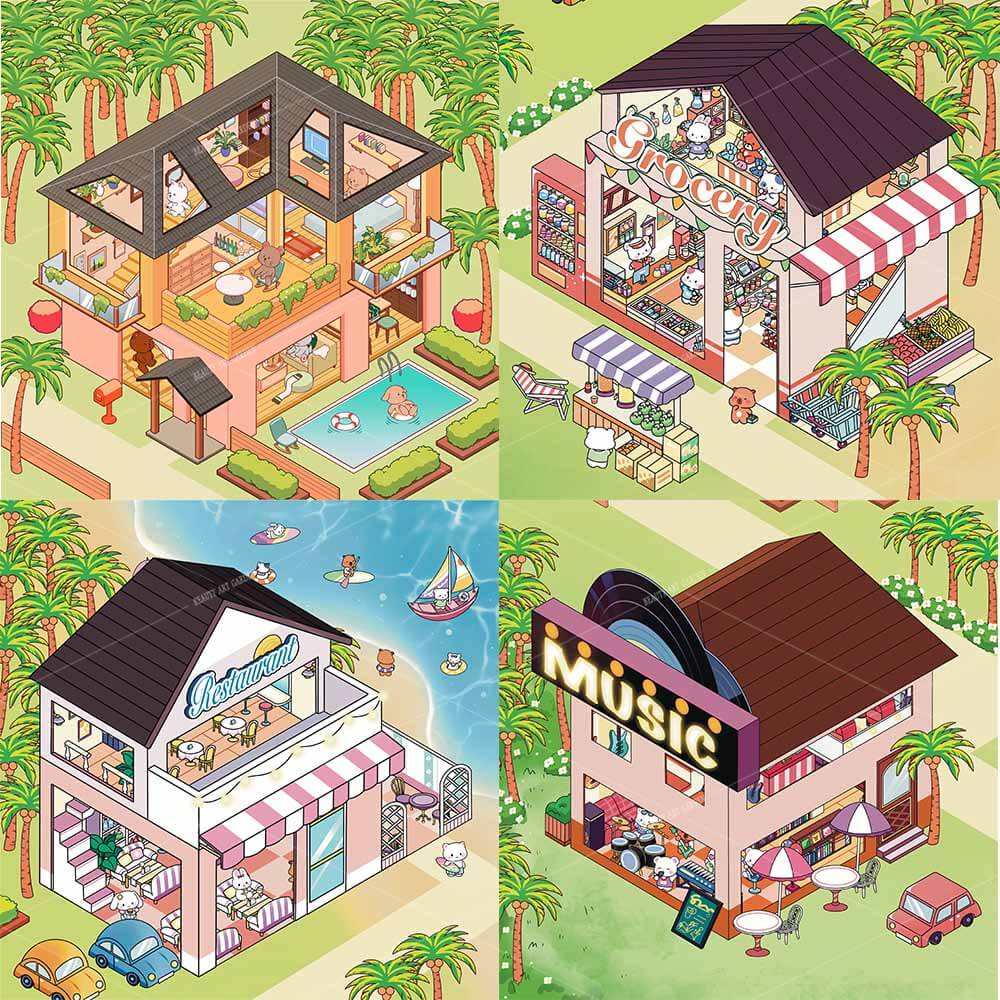 Seaside Shopping Street 3D Scene Stickers 4 Cute Miniature Scenes