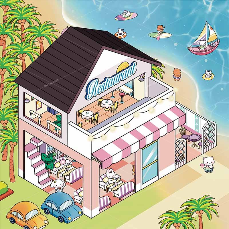 Seaside Shopping Street 3D Scene Stickers 4 Cute Miniature Scenes