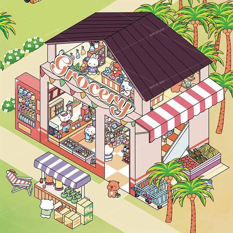 Seaside Shopping Street 3D Scene Stickers 4 Cute Miniature Scenes