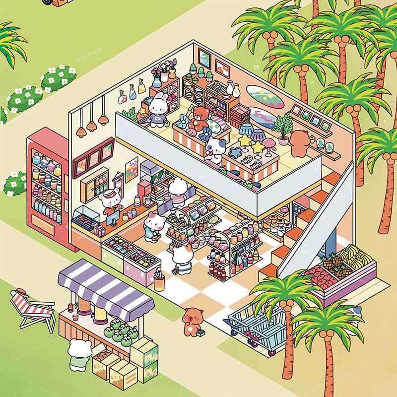 Seaside Shopping Street 3D Scene Stickers 4 Cute Miniature Scenes