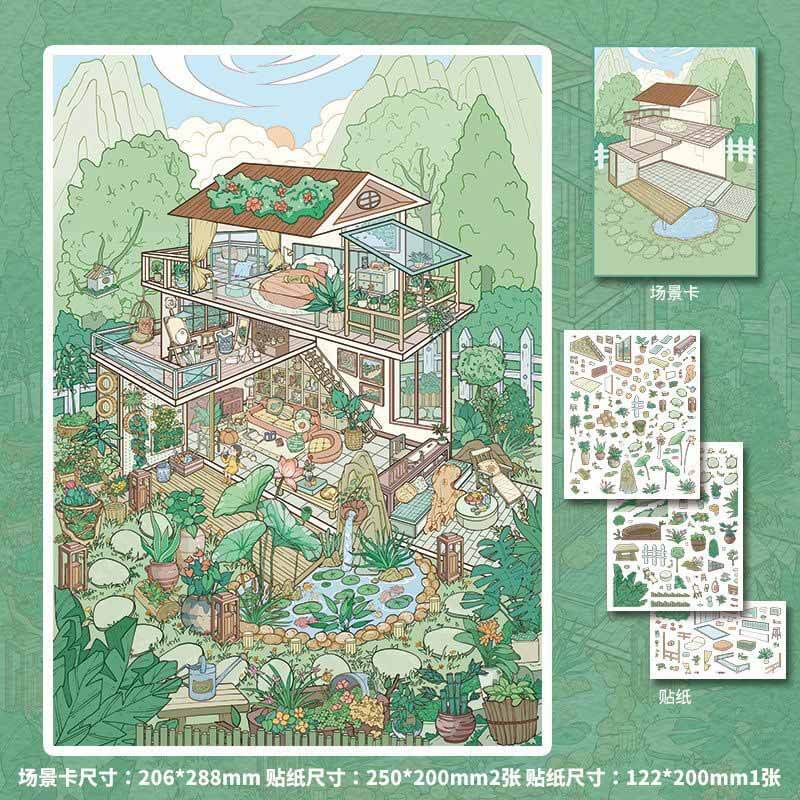 Seasonal Courtyard DIY 3D Scenes Sticker 4 Cute Miniature Scenes(L)