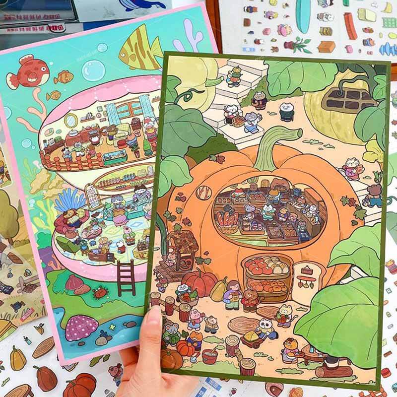 Shopping Tea Party DIY 3D Scene Stickers 2 Cute Miniature Scenes(L)