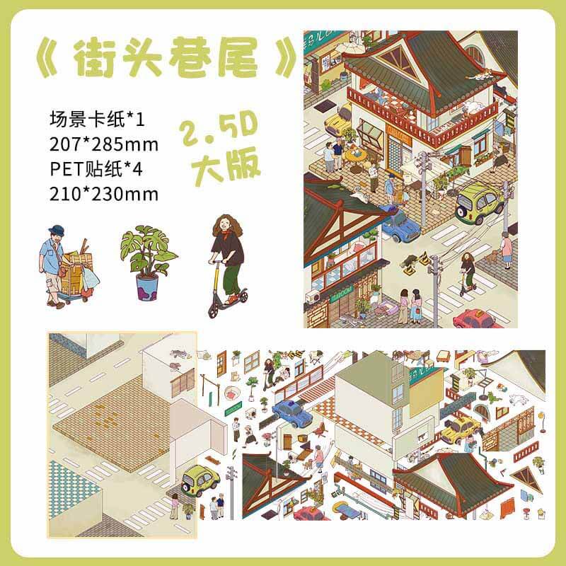 Slow Town Days DIY 3D Scene Stickers 3 Cute Miniature Scenes(L)