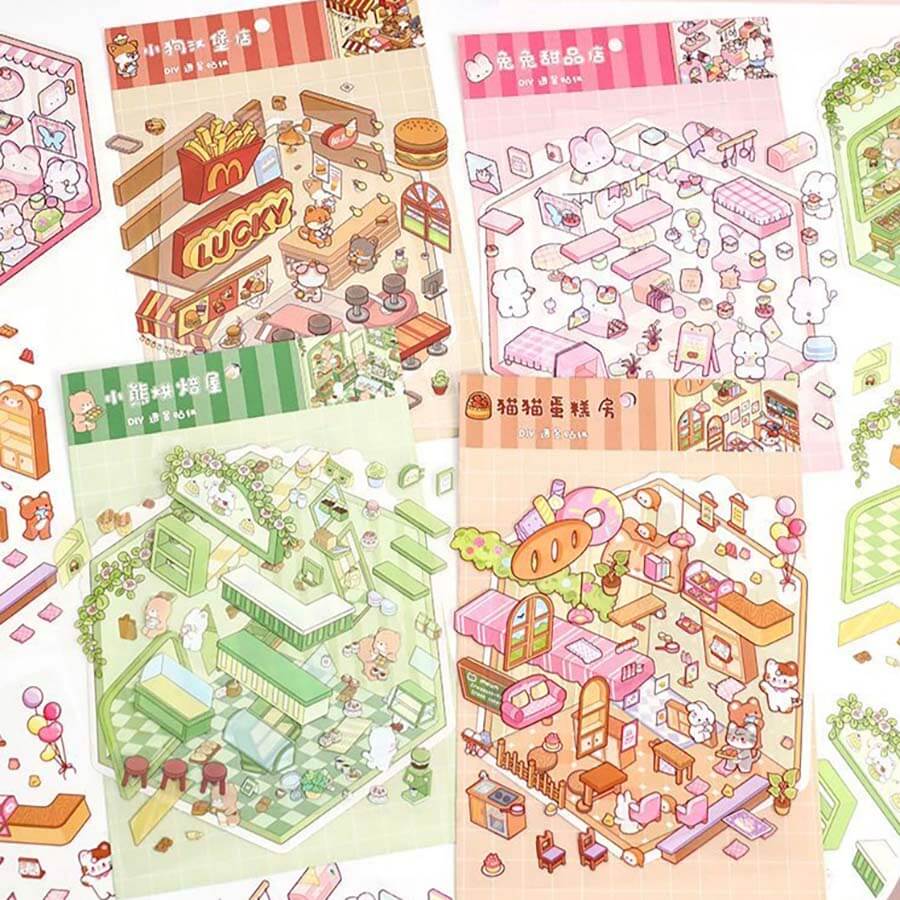 Sweet Critter Cafe DIY 3D Scene Stickers 4 Cute Miniature Scenes(S)