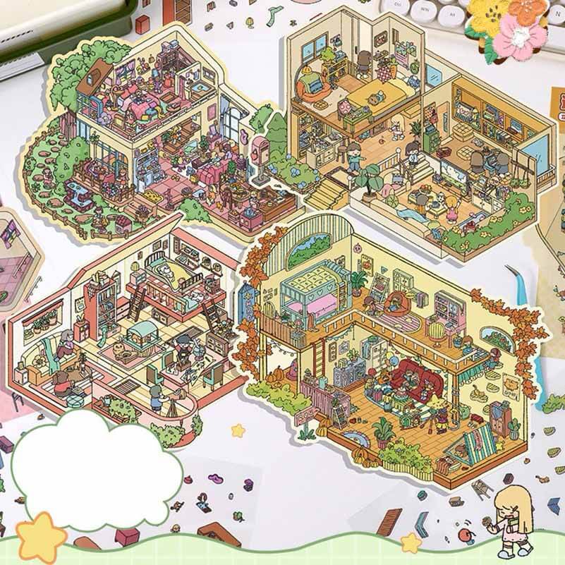 Townhouse Party Scene Stickers 4 Cute Miniature Scenes(S)