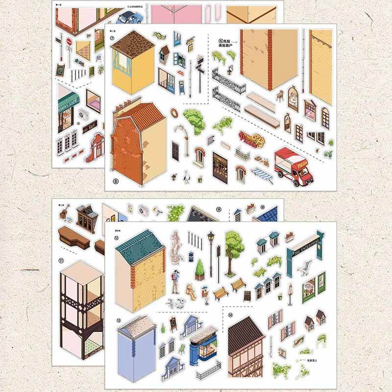 Vintage Town DIY 3D Scene Stickers Cute Miniature Scenes(XL)
