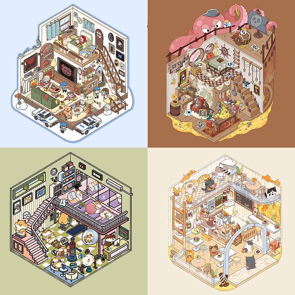Whimsy Wonders DIY 3D Scene Stickers 4 Cute Miniature Scenes(S)