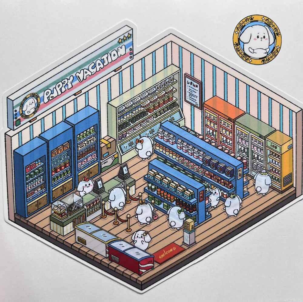 Cute Fat Puppy 1.0 Series Scene Stickers 4 Cute Miniature Scenes(S)
