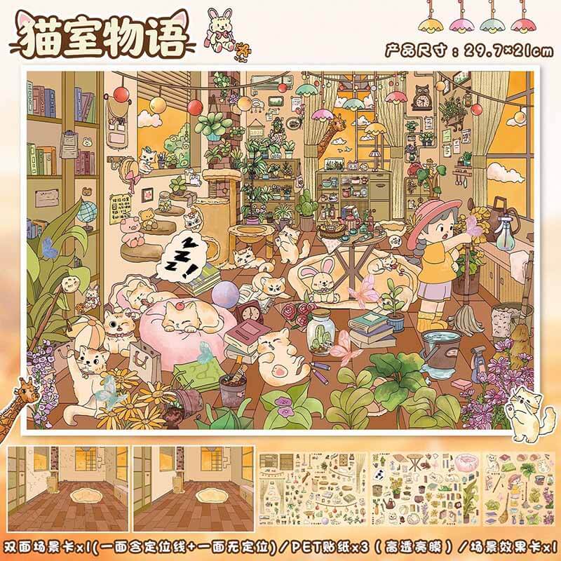 Seaside Cat Home DIY 3D Scene Stickers 2 Cute Scenes(L)