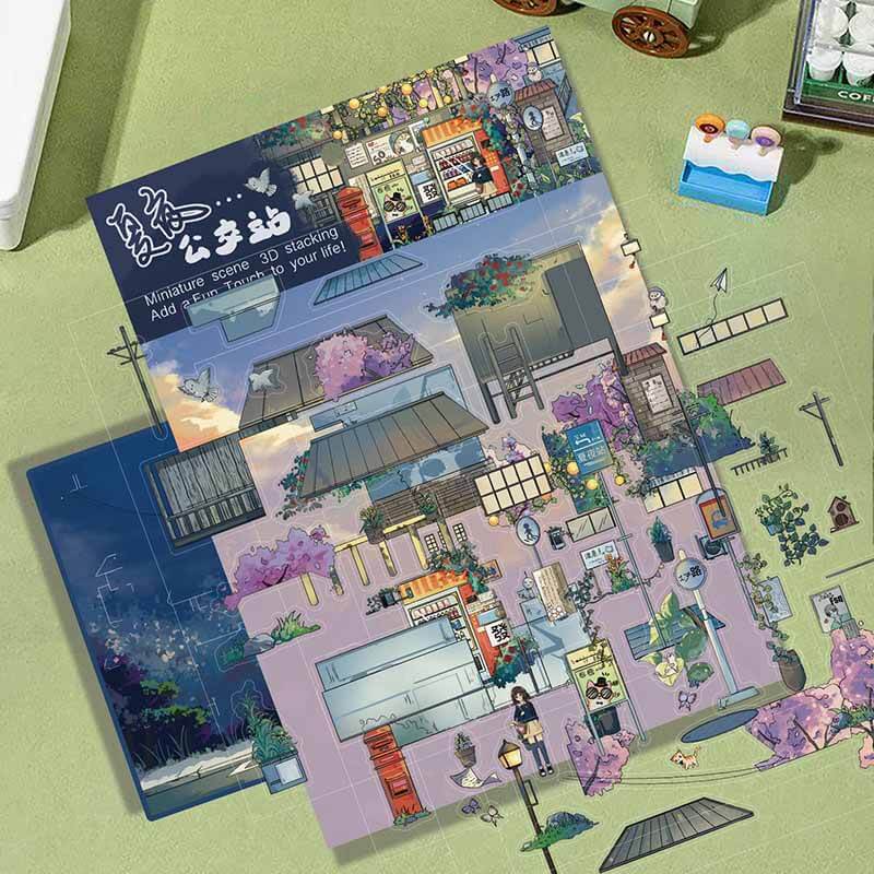 Summer Night Bus Stop DIY 3D Scene Stickers 3 Cute Scenes(L)