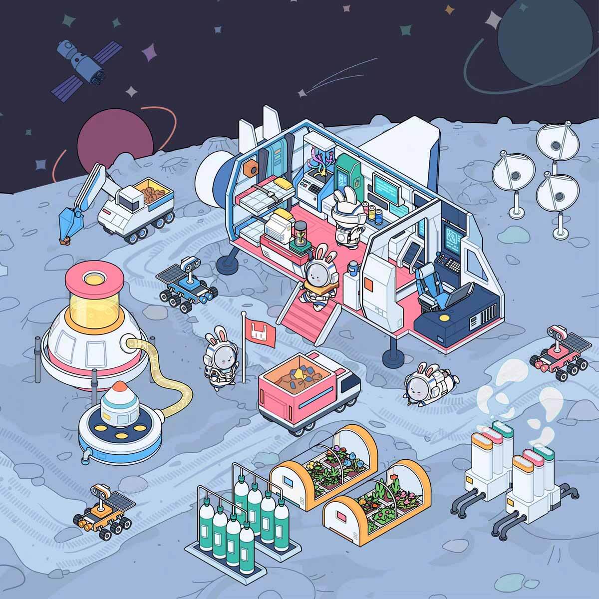 Space Station Collection Scene Stickers - 4 Cute Miniature Scenes