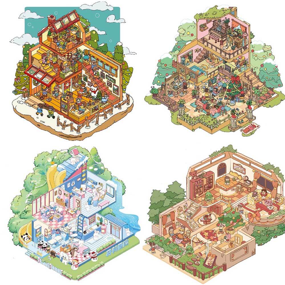 Grand Villa DIY 3D Scene Stickers 4 Lovely Miniature Scenes(M&L)