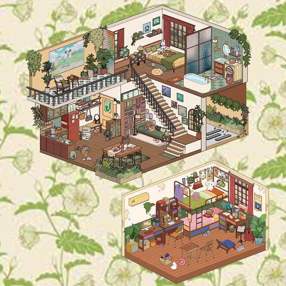 Leisurely Dwelling (Set of 2) DIY 3D Scene Stickers Cute Miniature Scenes(M&L)