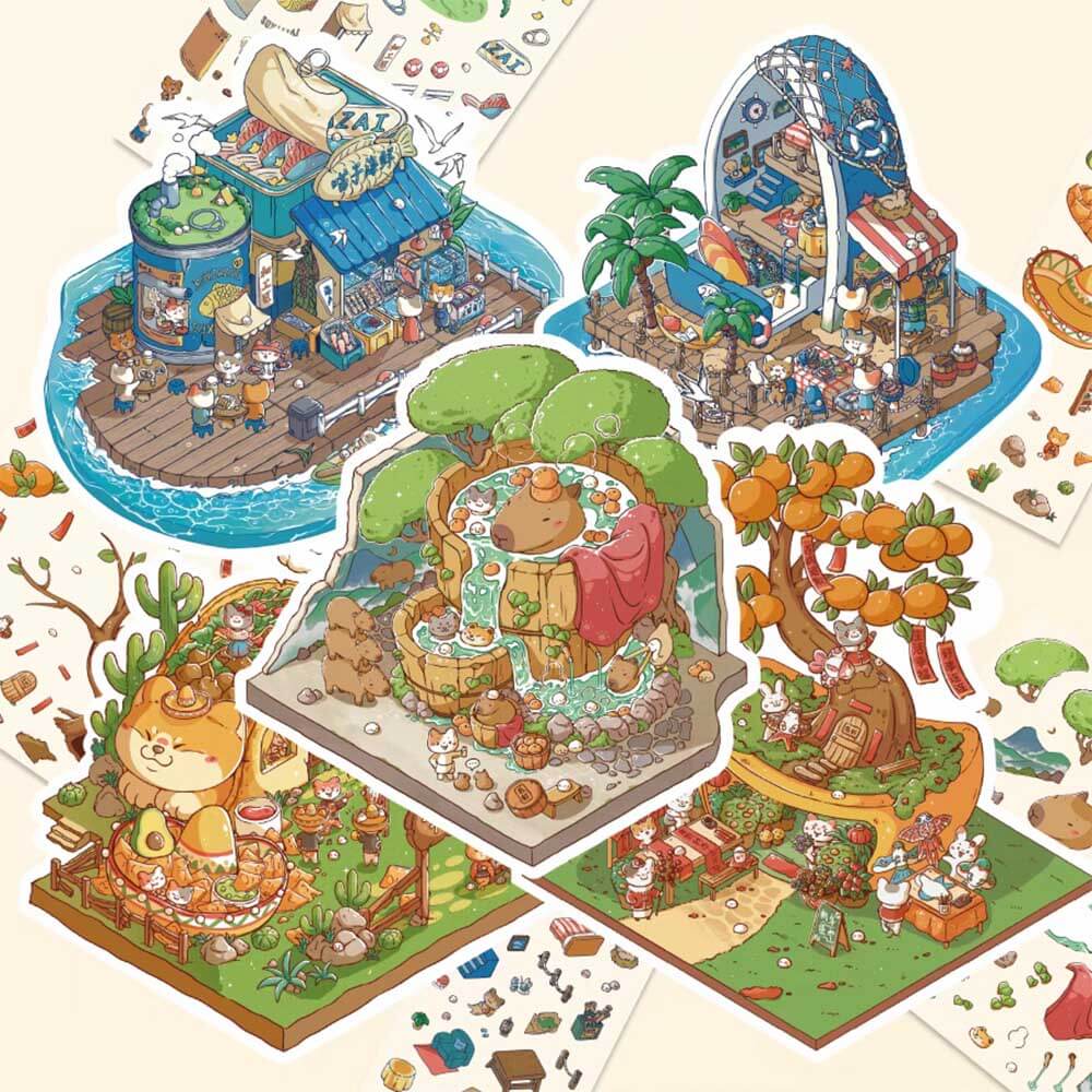 Meow Cottage DIY 3D Scene Stickers - 5 Adorable Miniature Scenes