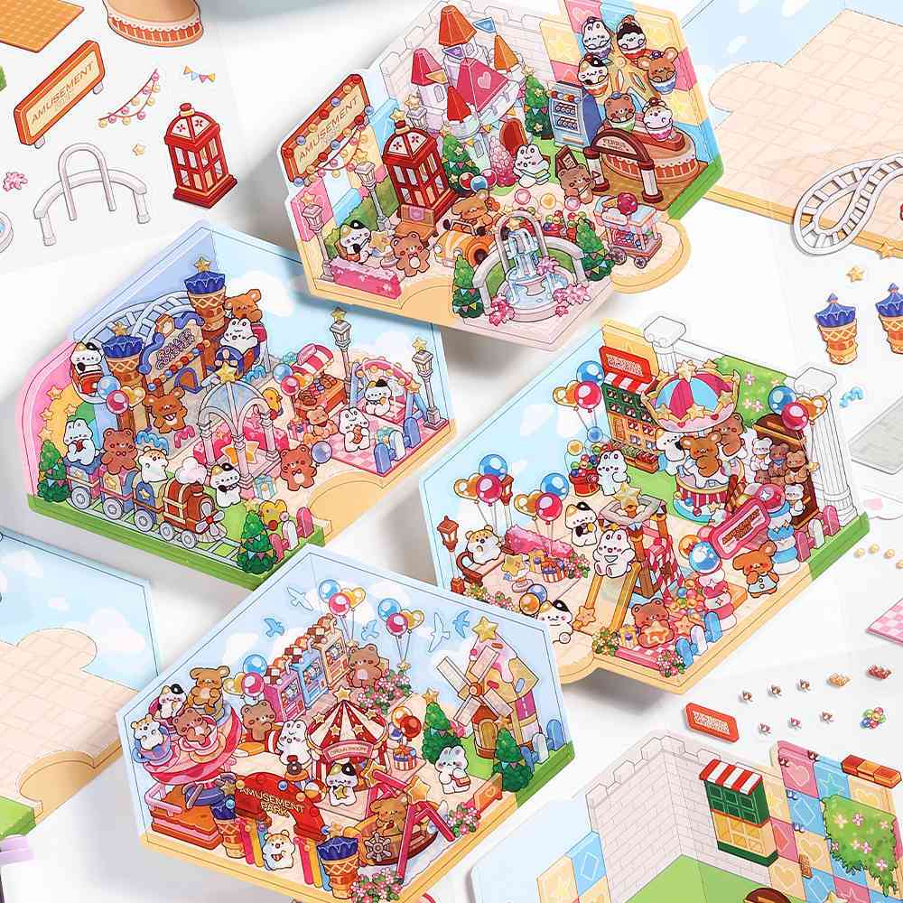 Happy Park DIY 3D Scene Stickers - 4 Cute Miniature Scenes