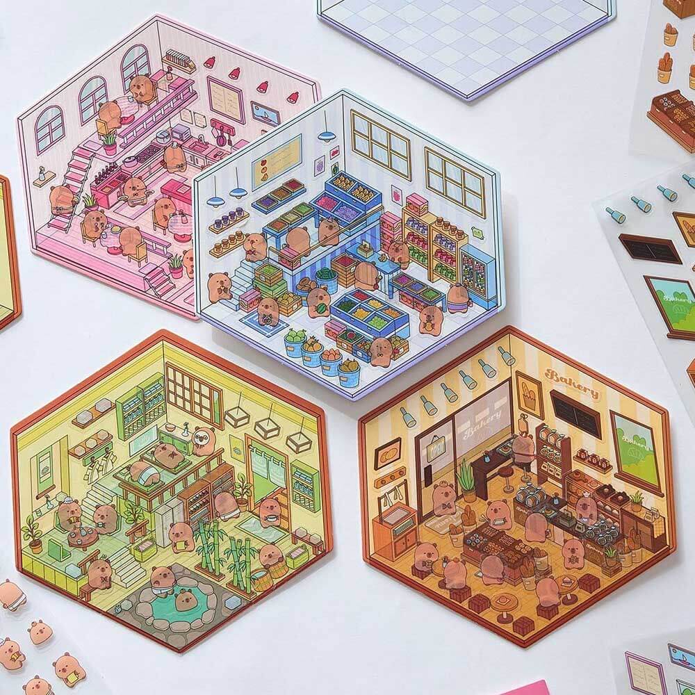 Capybara Diary DIY 3D Scene Stickers - 4 Cute Miniature Scenes