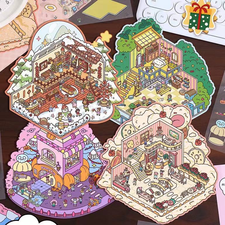 Happy Party DIY 3D Scene Stickers - 4 Cute Miniature Scenes