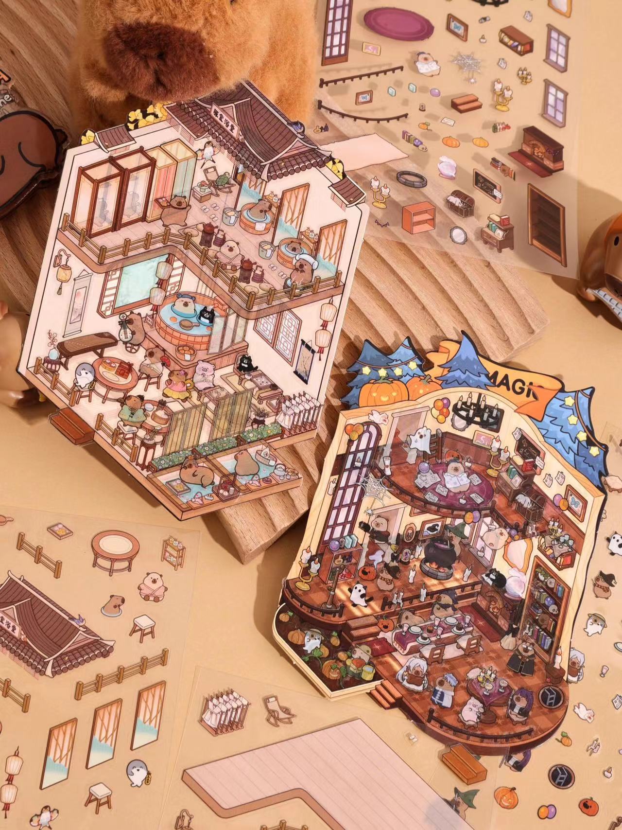 Capybara World DIY 3D Scene Stickers - 4 Cute Miniature Scenes