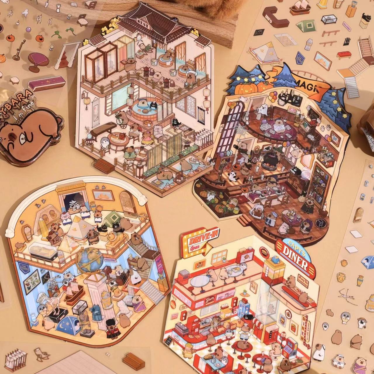 Capybara World DIY 3D Scene Stickers - 4 Cute Miniature Scenes