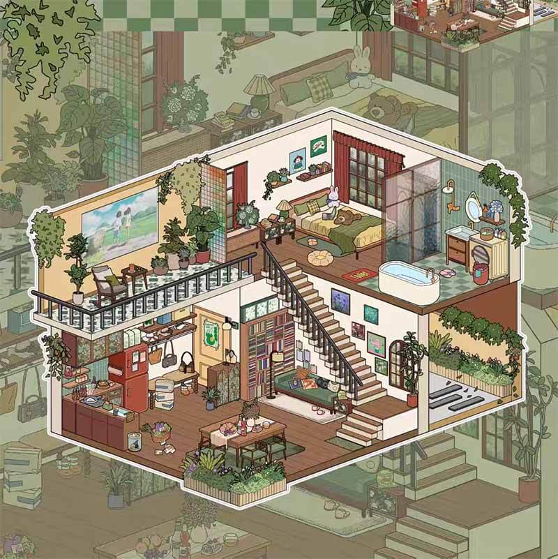 Leisurely Dwelling (Set of 2) DIY 3D Scene Stickers Cute Miniature Scenes(M&L)