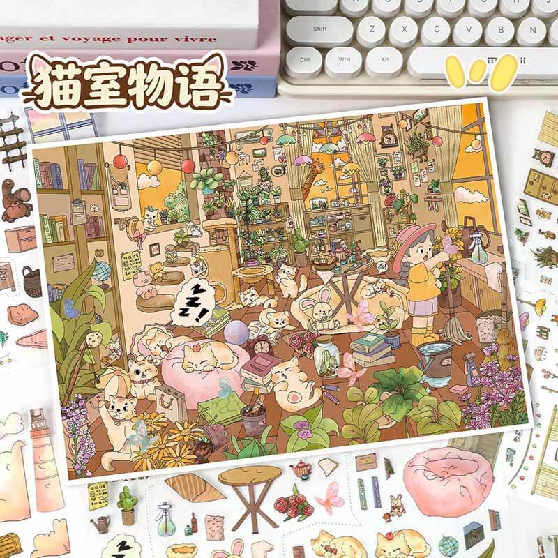 Seaside Cat Home DIY 3D Scene Stickers 2 Cute Scenes(L)