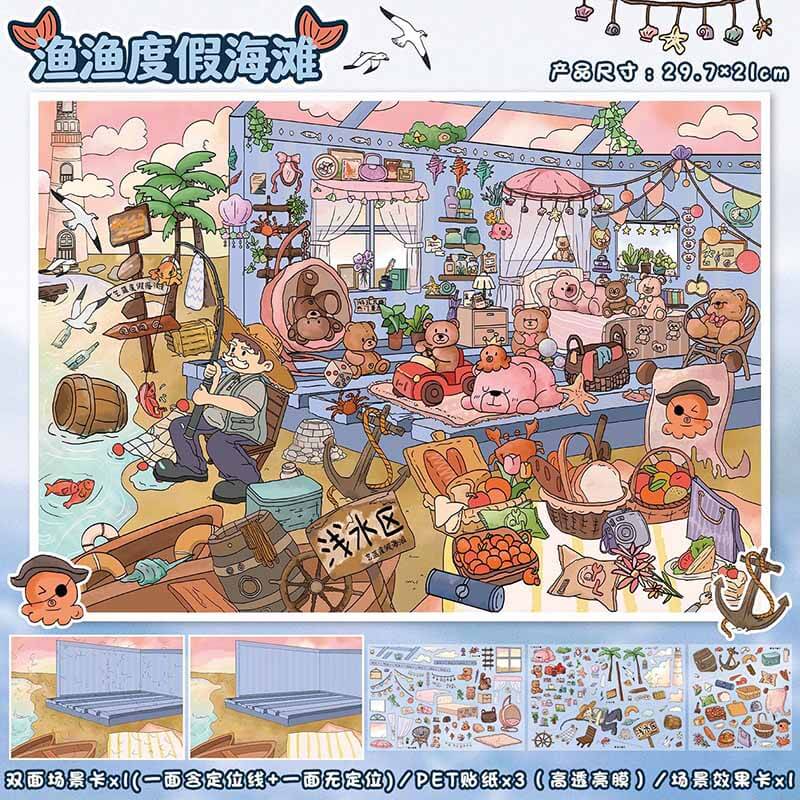 Seaside Cat Home DIY 3D Scene Stickers 2 Cute Scenes(L)