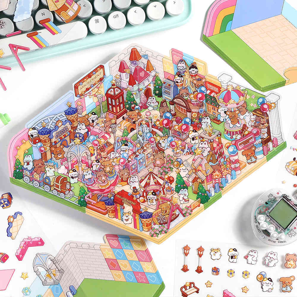 Happy Park DIY 3D Scene Stickers - 4 Cute Miniature Scenes