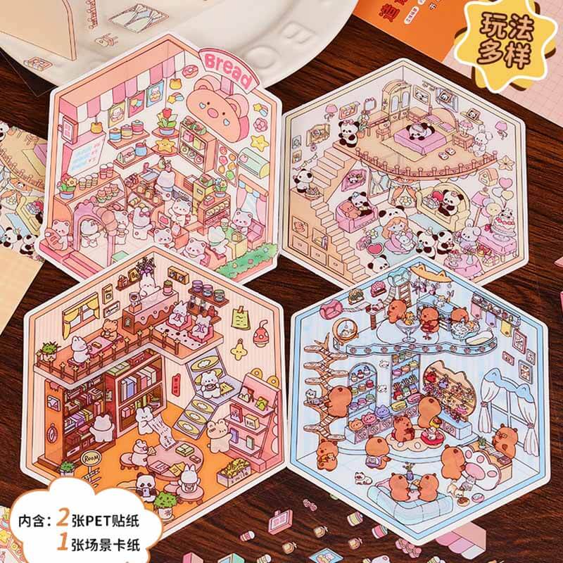 Animal Friends Town DIY 3D Scene Stickers 4 Cute Miniature Scenes(S)