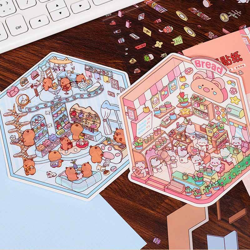 Animal Friends Town DIY 3D Scene Stickers 4 Cute Miniature Scenes(S)